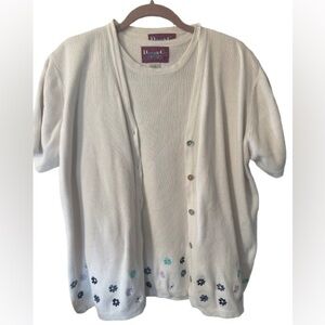 Vintage 90s Denim & Co Floral Twinset Cardigan Tank Womens L Ramie Cotton